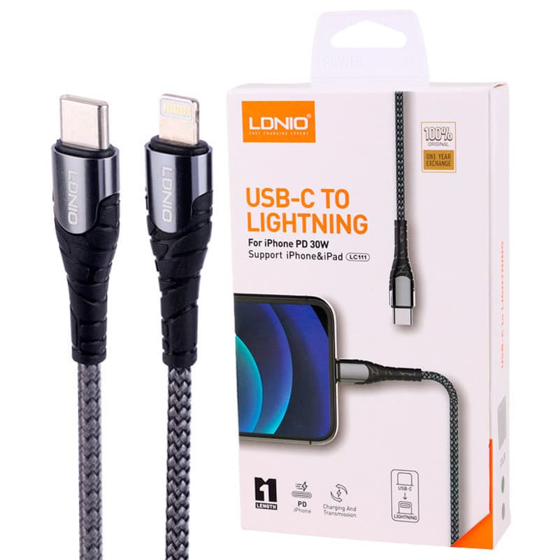 کابل تایپ سی به لایتنینگ فست شارژ 30 وات الدینیو LC111 طول 1 متر — تصویر ۲