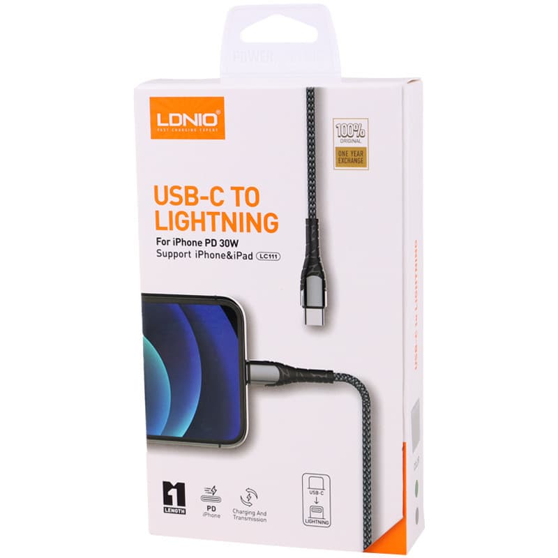 کابل تایپ سی به لایتنینگ فست شارژ 30 وات الدینیو LC111 طول 1 متر — تصویر ۵