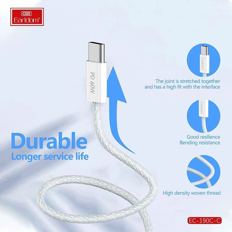 کابل دو سر تایپ سی فست شارژ 60 وات ارلدام EC-190C-C طول 1 متر — تصویر ۶