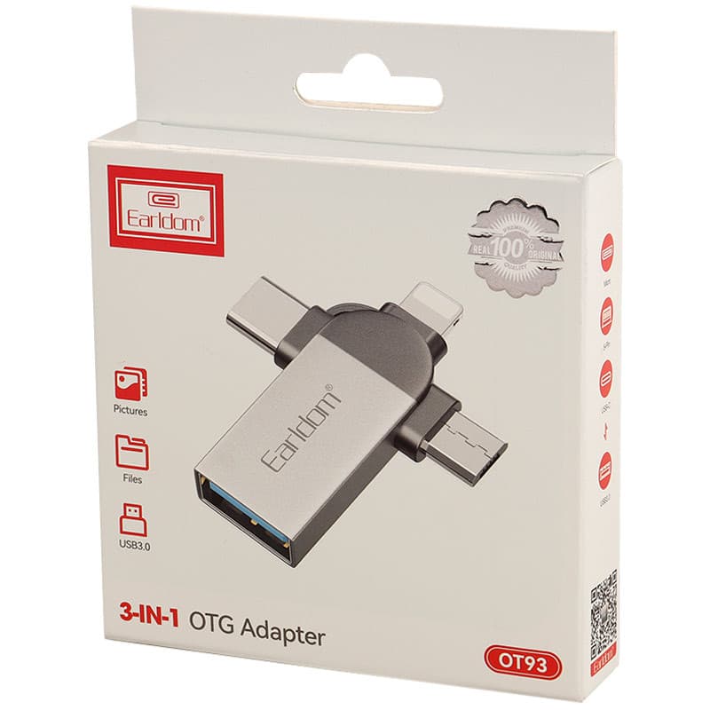 تبدیل USB OTG به میکرو یو اس بی / تایپ سی / لایتنینگ ارلدام ET-OT93 — تصویر ۲