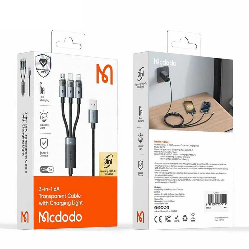 کابل سه سر فست شارژ 6 آمپر مک دودو CA-715 طول 1.2 متر — تصویر ۸