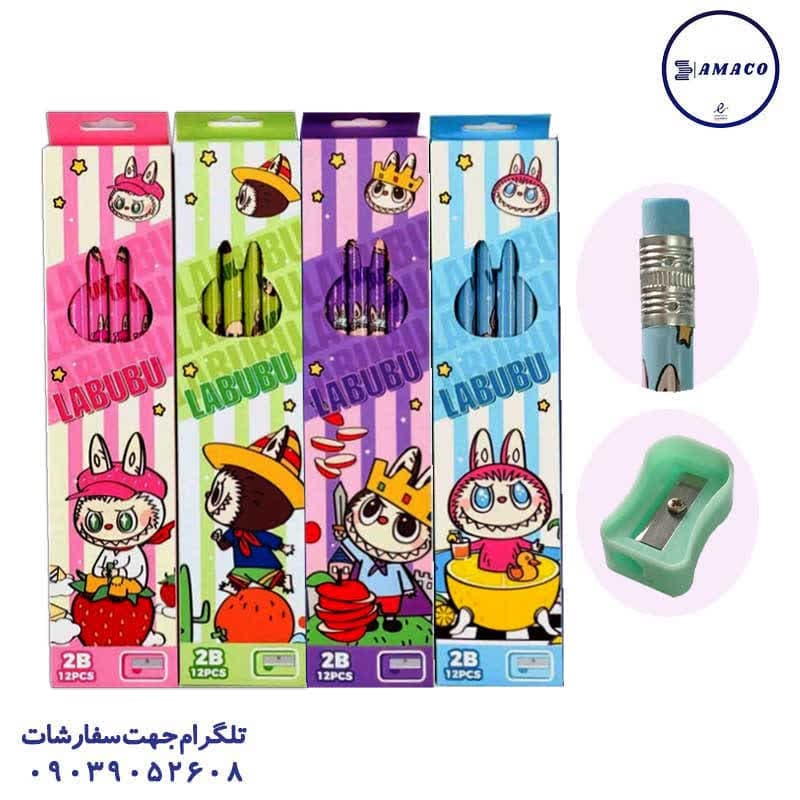 مداد مشکی 3 گوش پاکن وتراش دار طرح لبوبو کد 6829