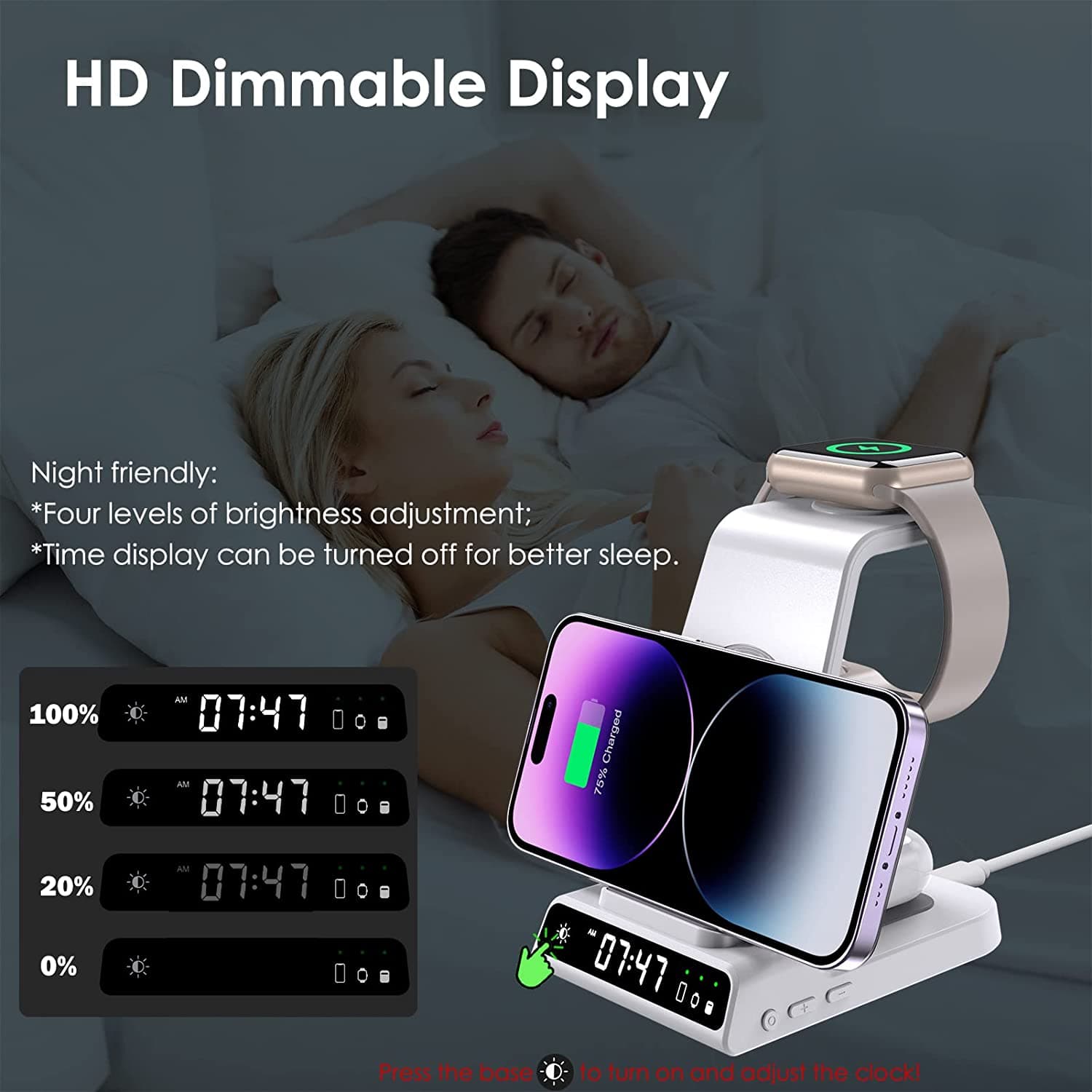 شارژر بی سیم آیفون با ساعت دیجیتال سازگار با اپل واچ leChivée Wireless Charger iPhone, 3 in 1 Wireless Charging — تصویر ۳