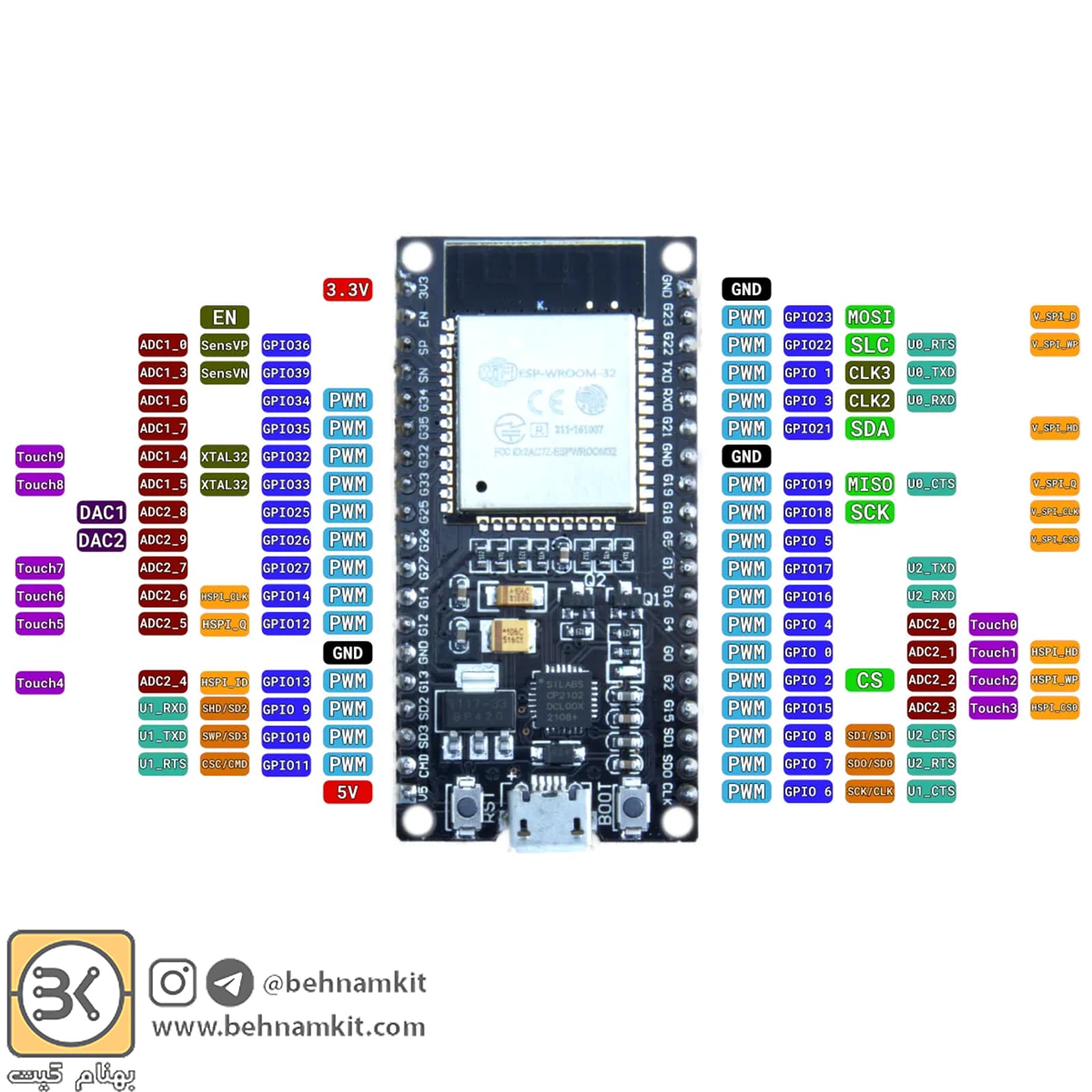 ماژول ESP-WROOM-32 دارای وای فای و بلوتوث 38 پایه با مبدل CP2102 — تصویر ۲