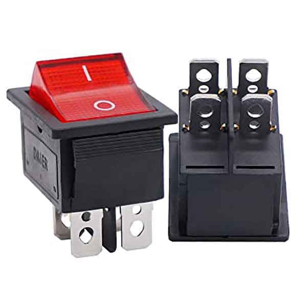 کلید راکر چراغ دار 30 آمپر 4 پایه 2 حالت 25*30 میلیمتر KCD-102N 4PIN
