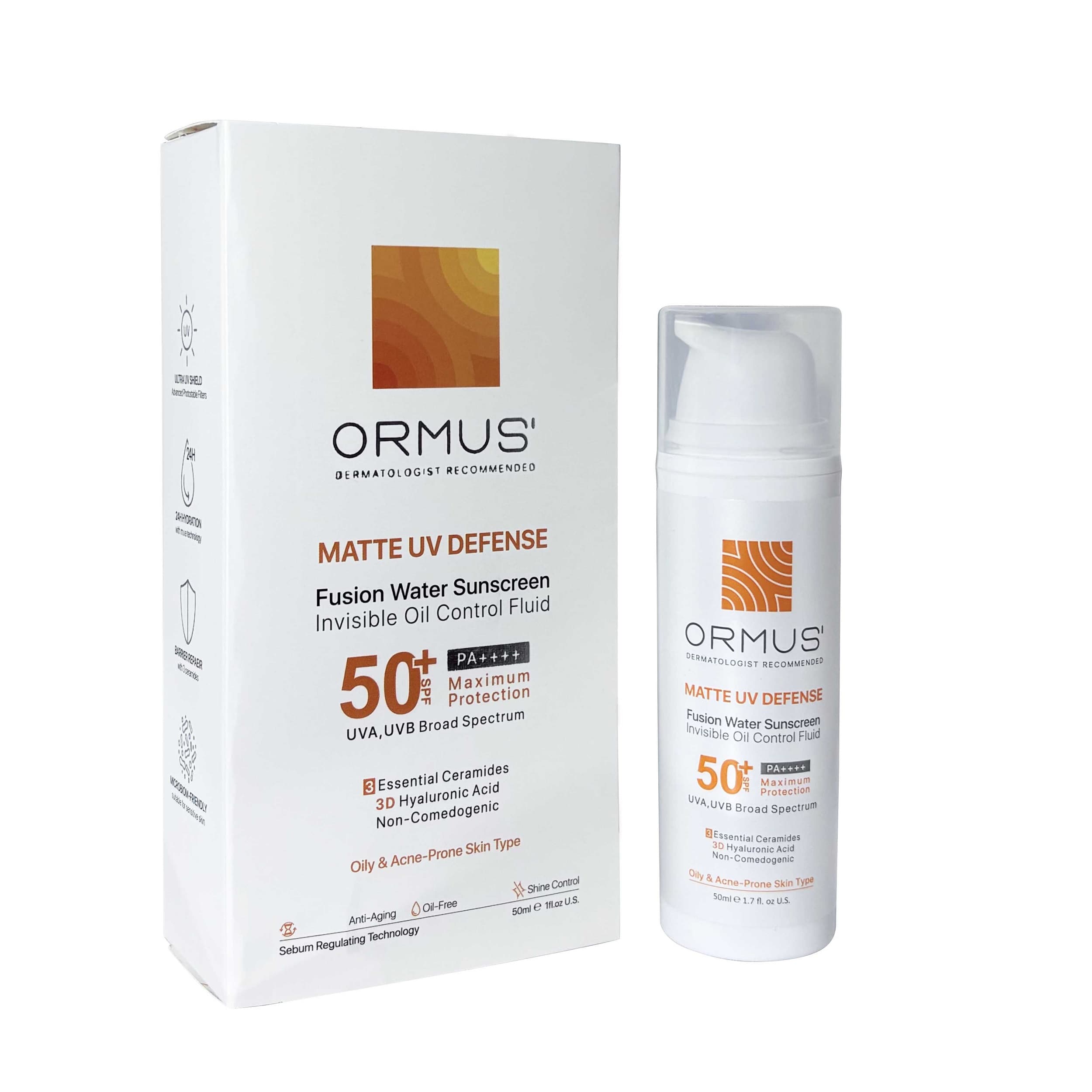 فلوئید ضد آفتاب مات دست، صورت، گردن اورموس +SPF 50 مدل Matte UV Defense محافظ UVA ،UVB و PA++++ مناسب برای پوست آکنهدار ، چرب حجم 50 میلیلیتر — تصویر ۴