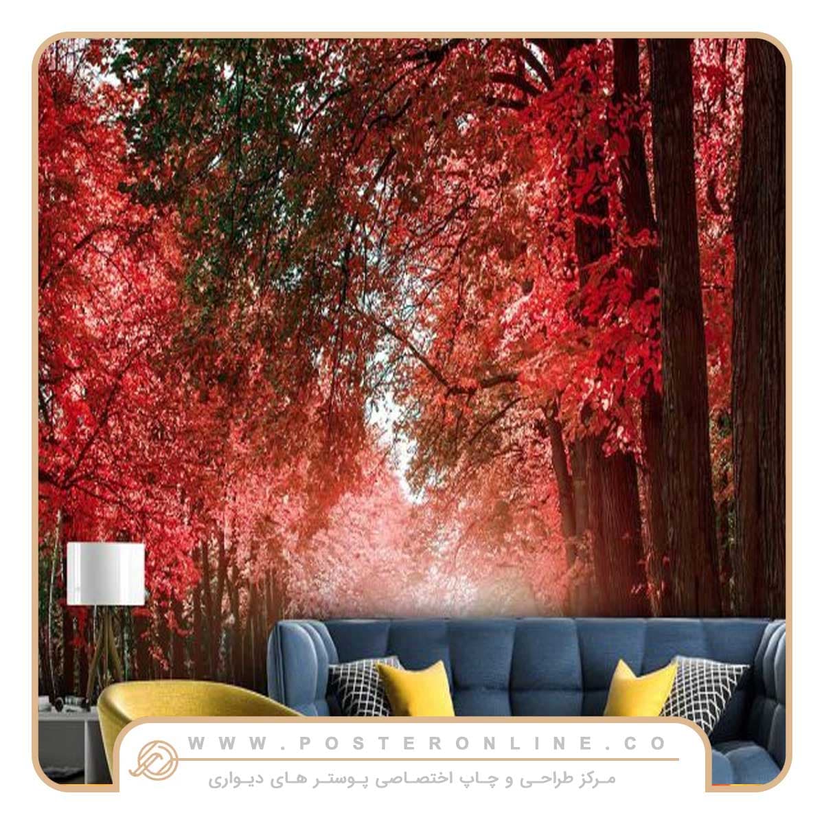 پوستر دیواری منظره پاییز طرح درختان قرمز کد n-6449