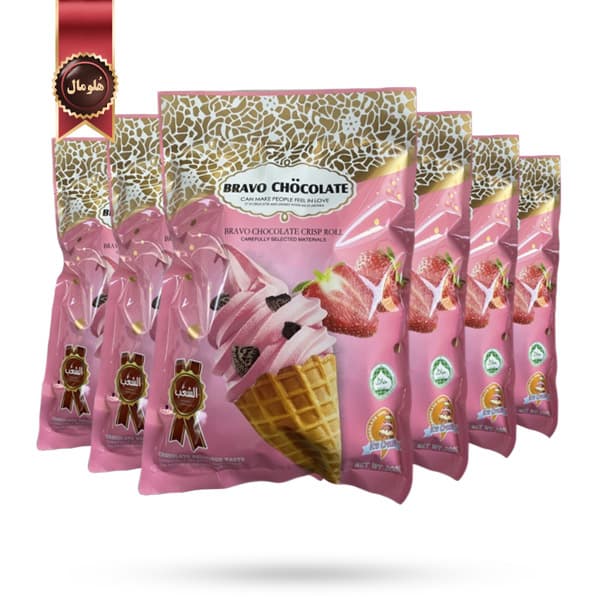 6 بسته بیسکوییت قیفی براوو چاکلت BRAVO CHOCOLATE مدل توت‌فرنگی Strawberry وزن 300 گرم (اورجینال)