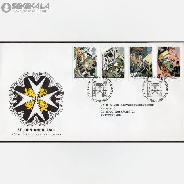 پاکت پستی مهر روز یادبودی آمبولانس خیابان جان بریتانیا 1987 (Royal Mail)