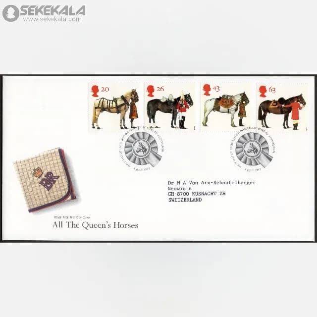 پاکت پستی مهر روز یادبودی اسب های ملکه بریتانیا 1997 (Royal Mail)