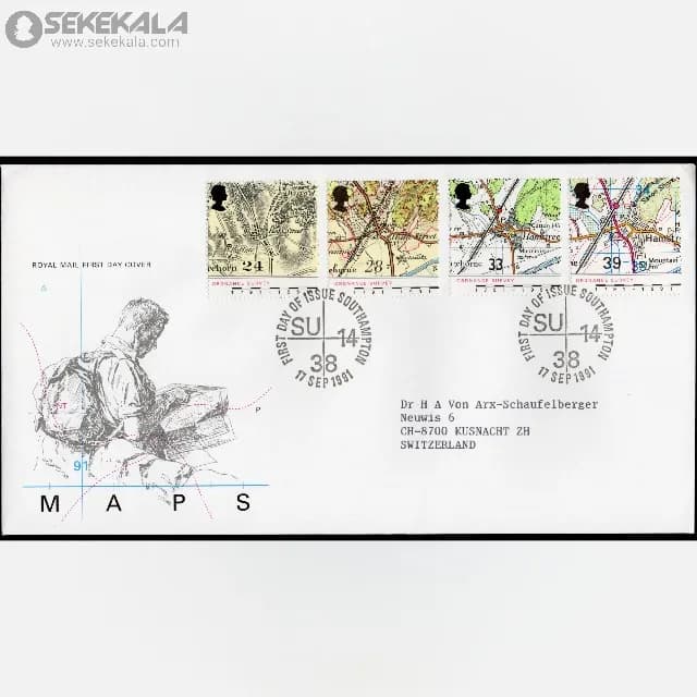 پاکت پستی مهر روز یادبودی نقشه ها بریتانیا 1991 (Royal Mail)
