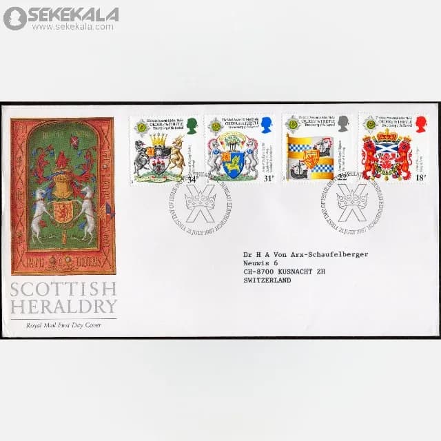 پاکت پستی مهر روز یادبودی نشان های خانوادگی اسکاتلندی بریتانیا 1987 (Royal Mail)