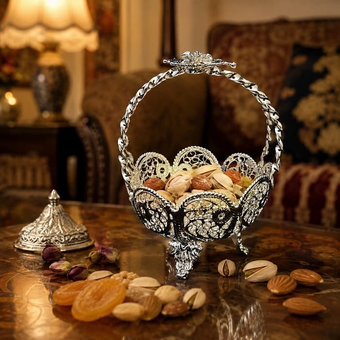 ظروف ملیله کاری کاسه آجیل خوری نقلی لبه گرد زنبیل