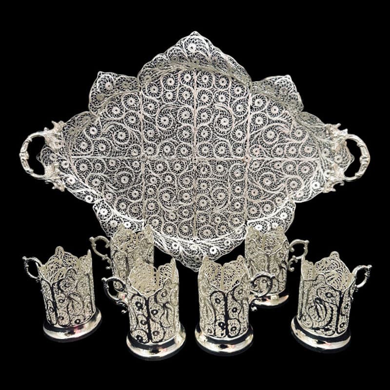 سرویس پذیرایی لوکس ملیله کاری (سینی بزرگ شاه‌عباسی و چای‌خوری) — تصویر ۲