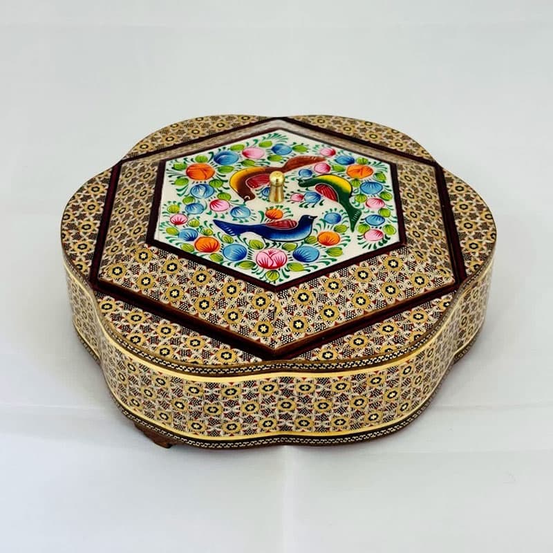 شکلات خوری خاتم با مینیاتور طرح گل و پرنده — تصویر ۵