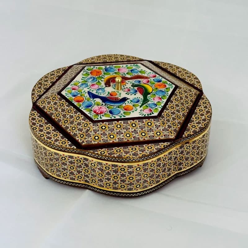 شکلات خوری خاتم با مینیاتور طرح گل و پرنده — تصویر ۴