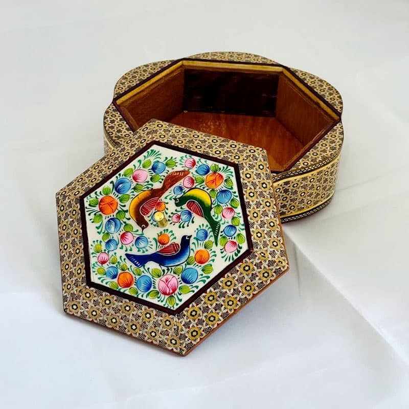شکلات خوری خاتم با مینیاتور طرح گل و پرنده — تصویر ۸