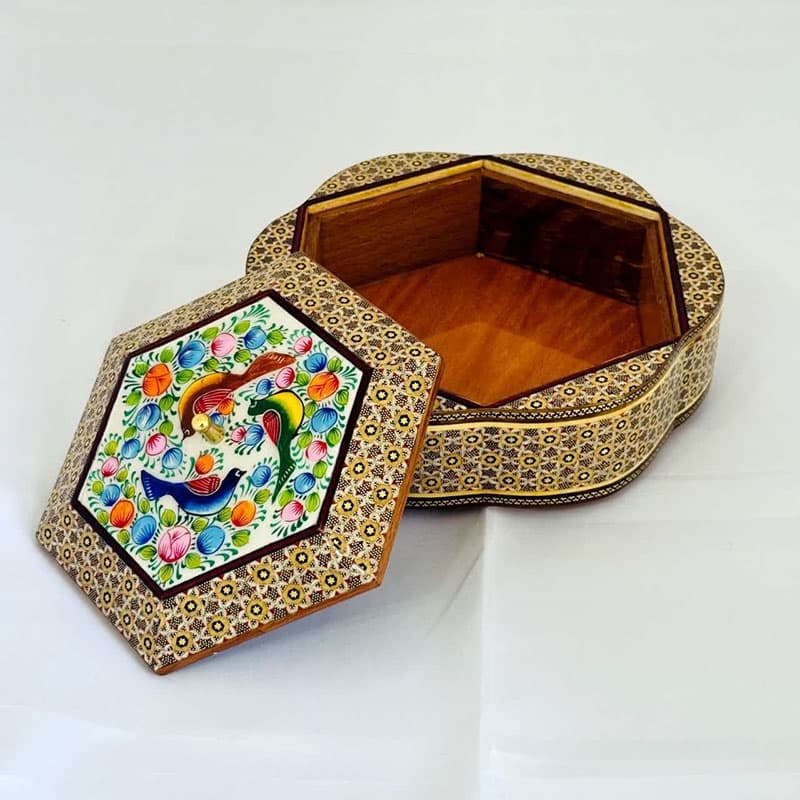 شکلات خوری خاتم با مینیاتور طرح گل و پرنده — تصویر ۷