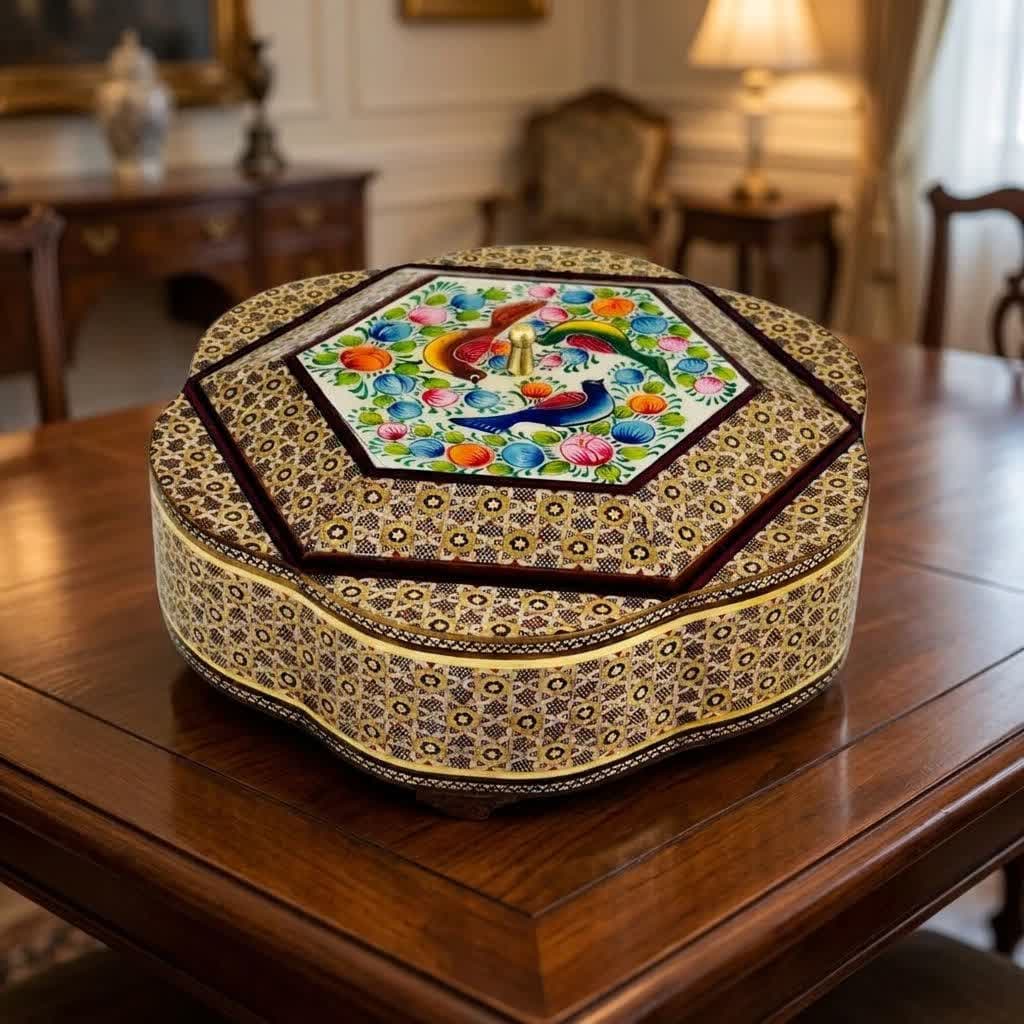 شکلات خوری خاتم با مینیاتور طرح گل و پرنده