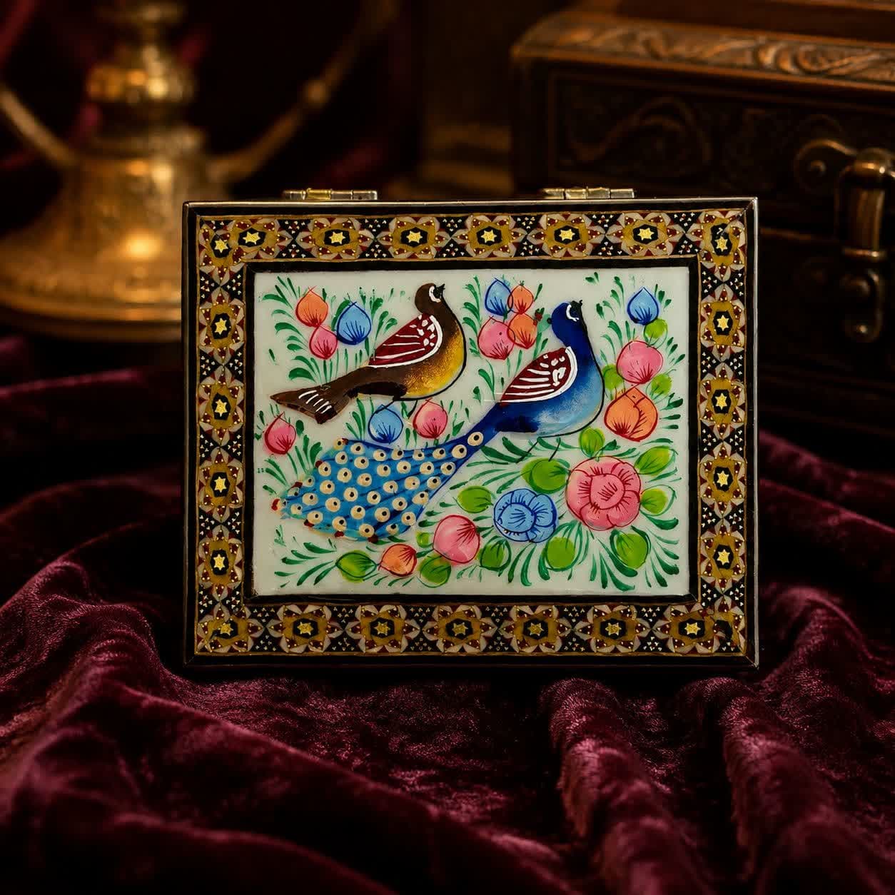 جعبه خاتم کاری استخونی مدل گل و بلبل 10در12