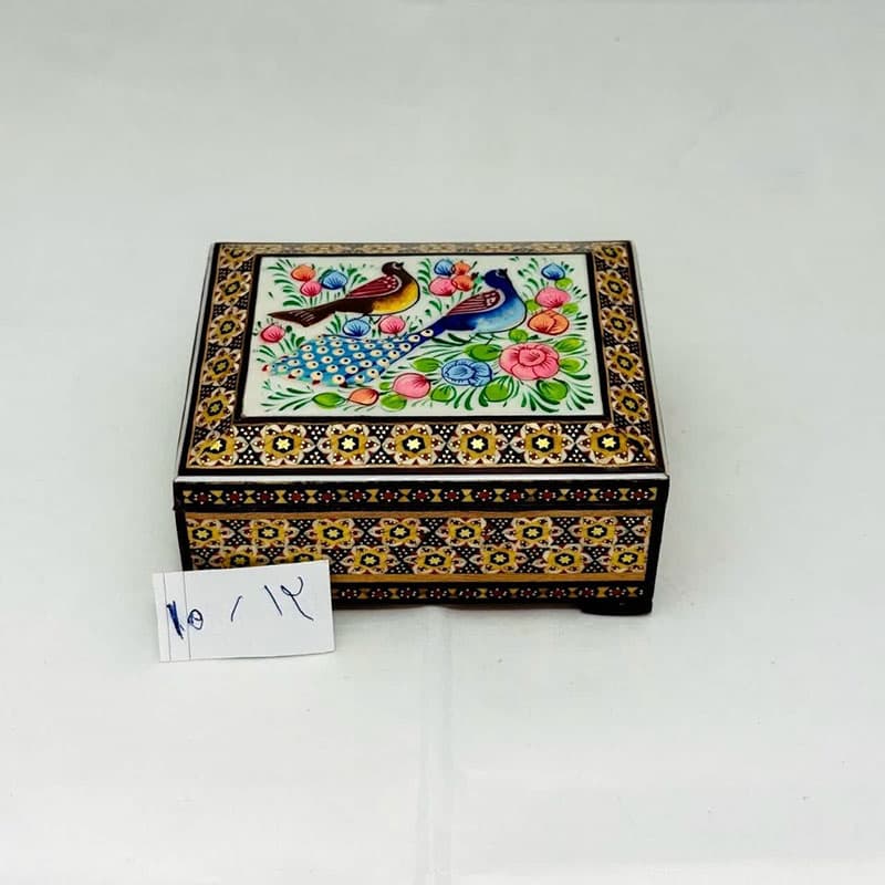 جعبه خاتم کاری استخونی مدل گل و بلبل 10در12 — تصویر ۵