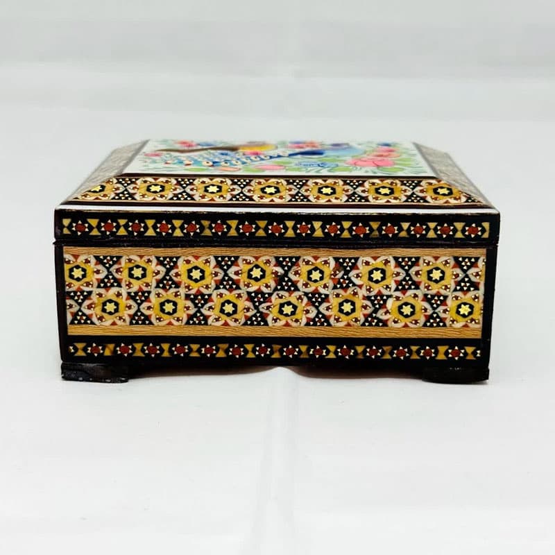 جعبه خاتم کاری استخونی مدل گل و بلبل 10در12 — تصویر ۶