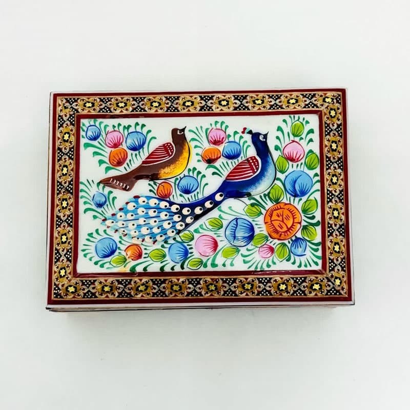 جعبه خاتم کاری استخونی مدل گل و بلبل 10در14