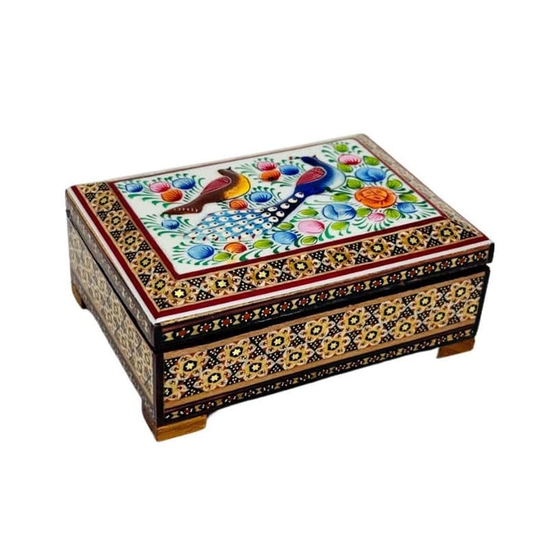 جعبه خاتم کاری استخونی مدل گل و بلبل 10در14 — تصویر ۲