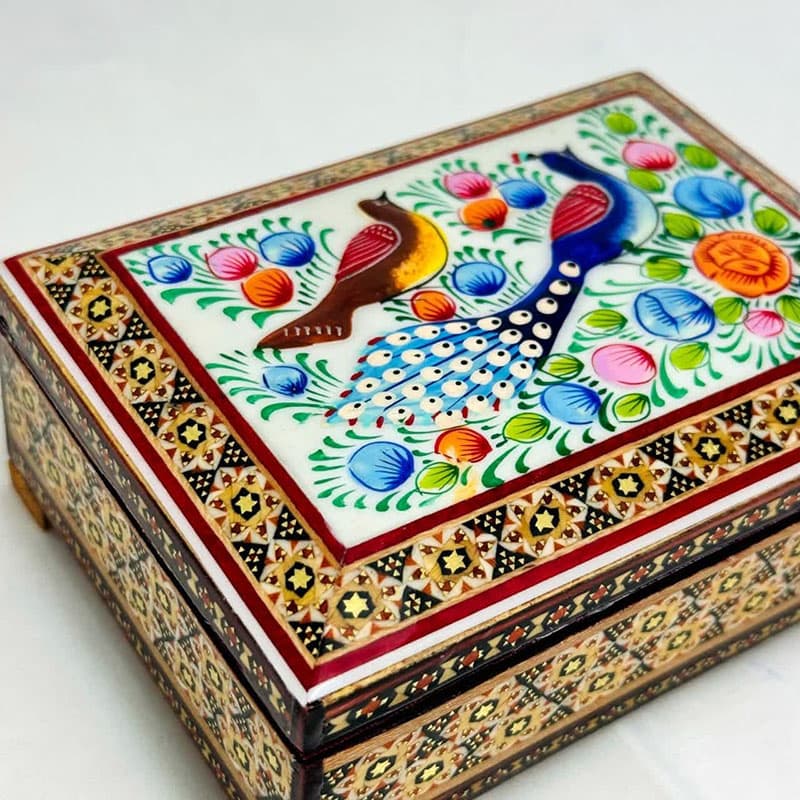 جعبه خاتم کاری استخونی مدل گل و بلبل 10در14 — تصویر ۵