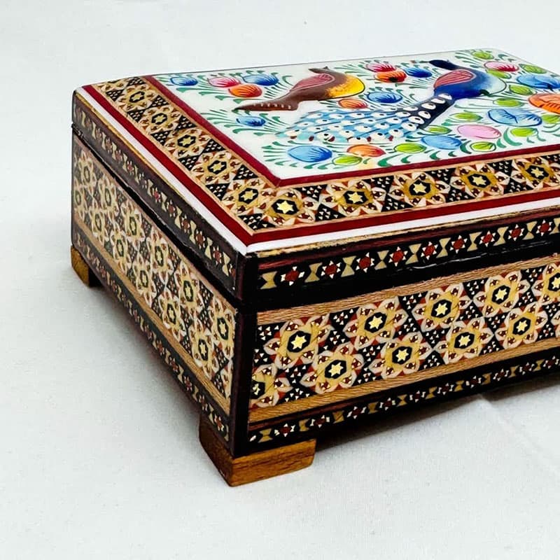جعبه خاتم کاری استخونی مدل گل و بلبل 10در14 — تصویر ۸
