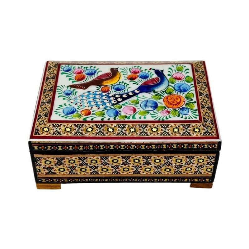 جعبه خاتم کاری استخونی مدل گل و بلبل 10در14 — تصویر ۴