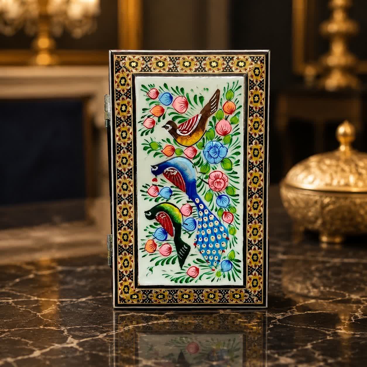 جعبه خاتم کاری استخونی مدل گل و بلبل 10در16