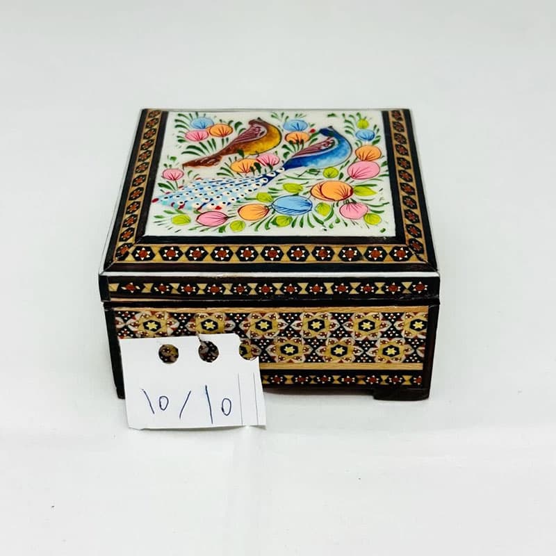 جعبه خاتم کاری استخونی مدل گل و بلبل 10در10 — تصویر ۳