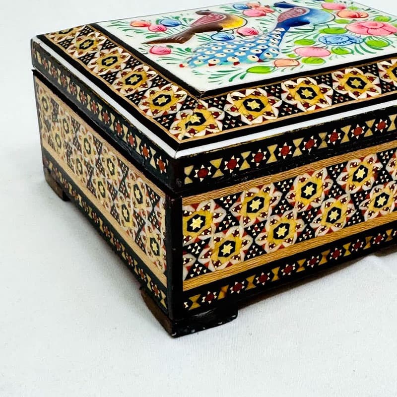 جعبه خاتم کاری استخونی مدل گل و بلبل 10در10 — تصویر ۸