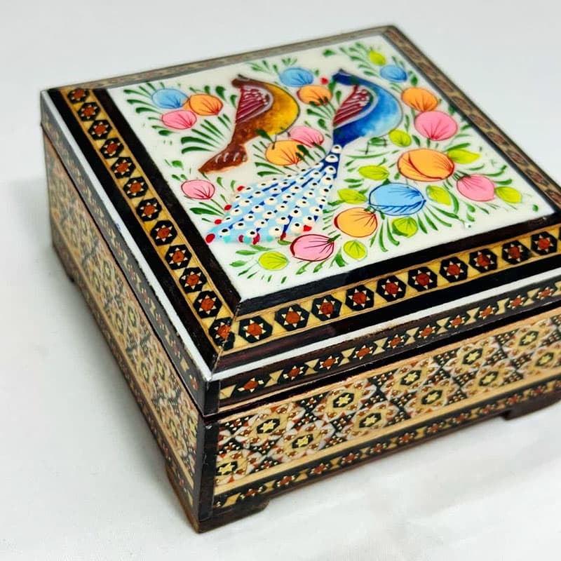 جعبه خاتم کاری استخونی مدل گل و بلبل 10در10 — تصویر ۶