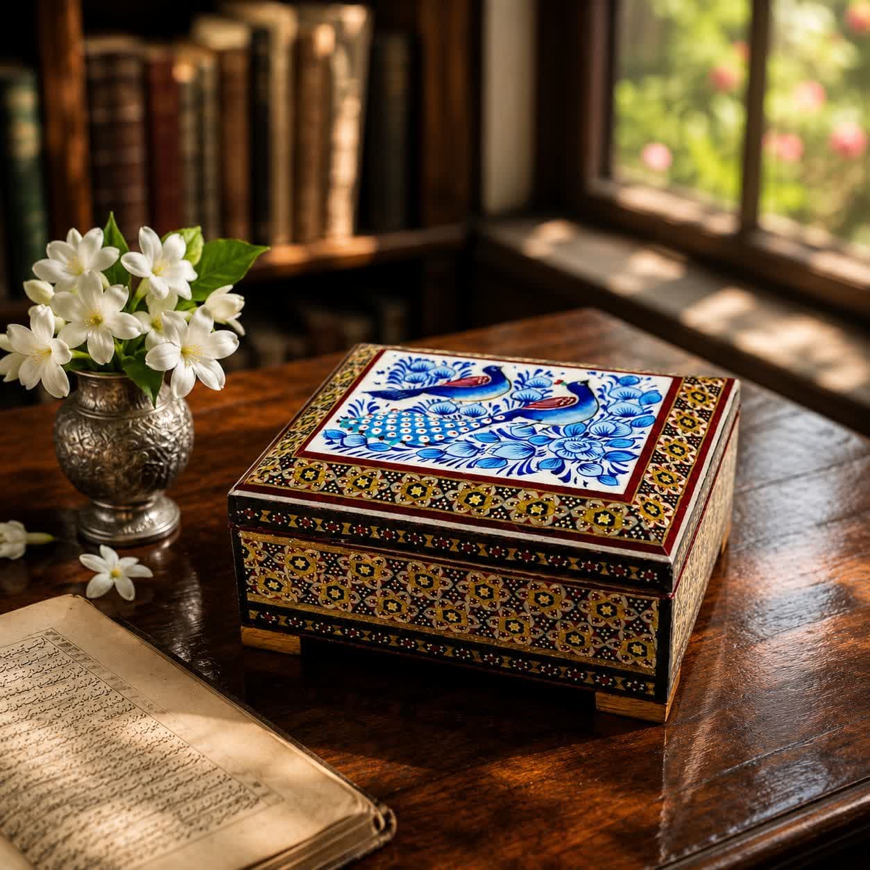 جعبه خاتم کاری استخونی مدل گل و بلبل آبی 10در12