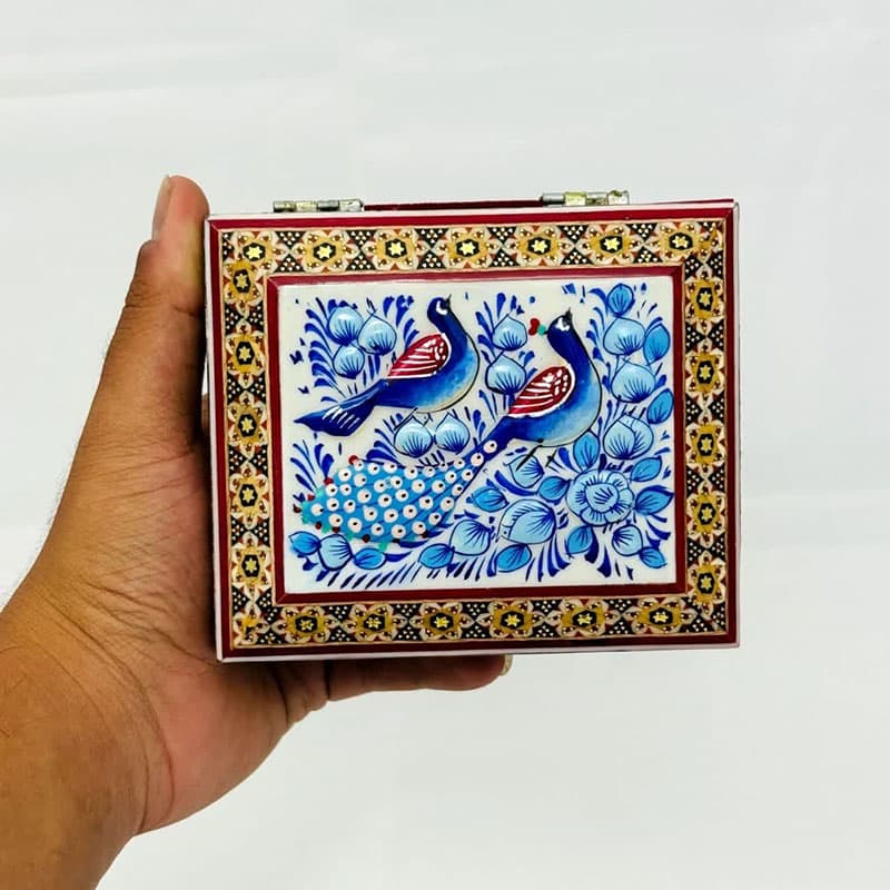 جعبه خاتم کاری استخونی مدل گل و بلبل آبی 10در12 — تصویر ۸