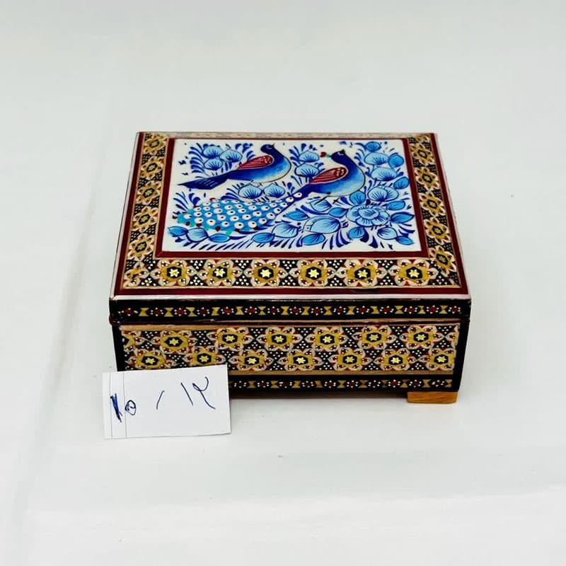 جعبه خاتم کاری استخونی مدل گل و بلبل آبی 10در12 — تصویر ۶