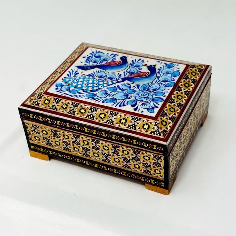 جعبه خاتم کاری استخونی مدل گل و بلبل آبی 10در12 — تصویر ۲