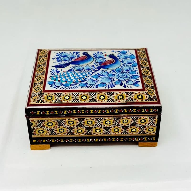 جعبه خاتم کاری استخونی مدل گل و بلبل آبی 10در12 — تصویر ۷