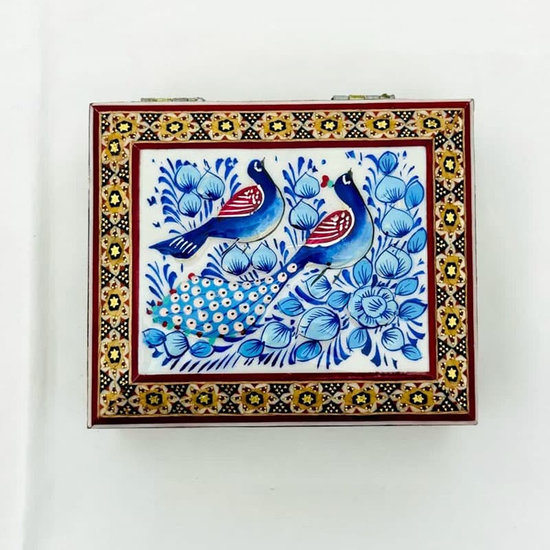 جعبه خاتم کاری استخونی مدل گل و بلبل آبی 10در12 — تصویر ۳
