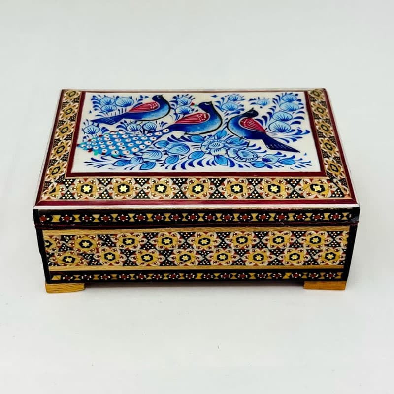 جعبه خاتم کاری استخونی مدل گل و بلبل آبی 10در14 — تصویر ۶
