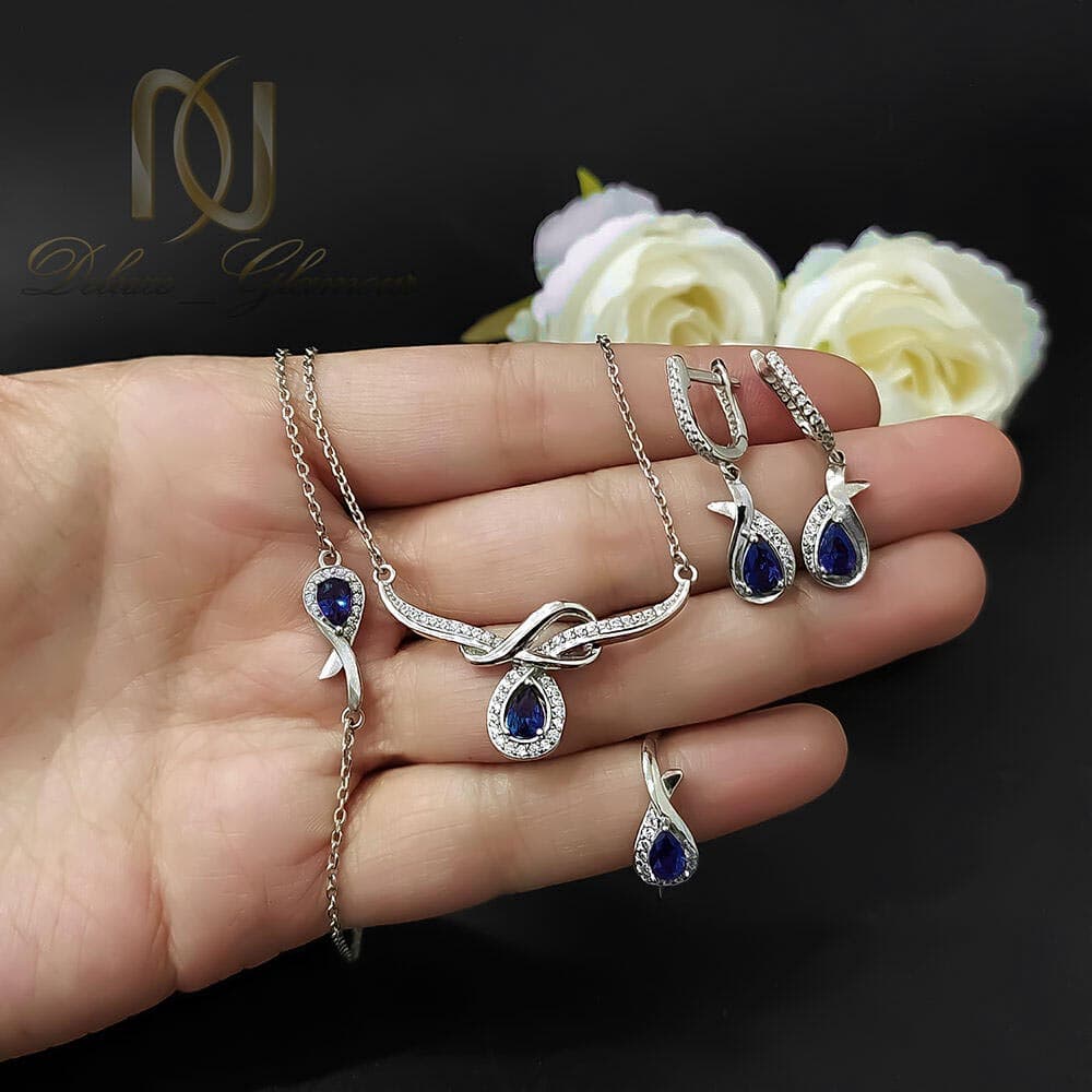 سرویس نقره زنانه نگین آبی طرح اشک جواهری ظریف ce-n180 — تصویر ۲