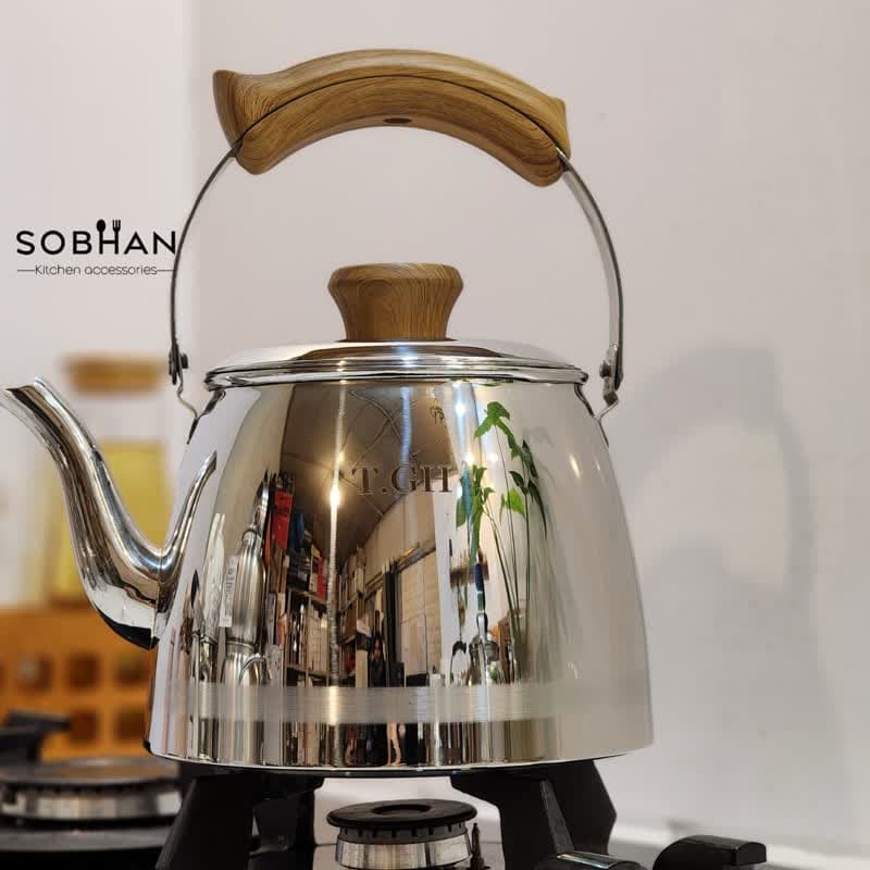 کتری لوله دار براق دسته چوبی قیطاسی