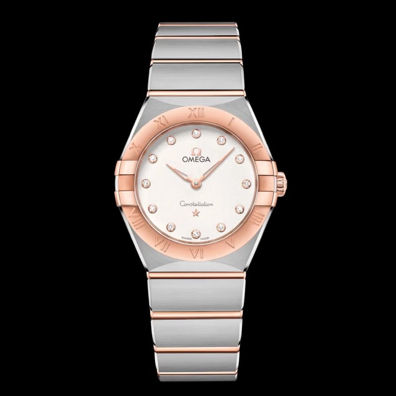 امگا Constellation Quartz 28 نقره‌ای نگین‌دار و Sedna Gold | رفرنس 131.20.28.60.52.001