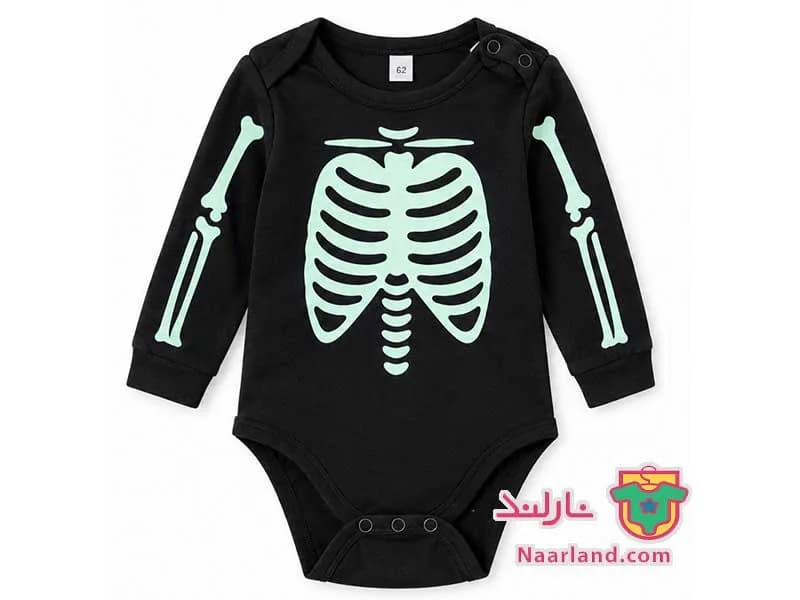 ست بادی و شلوار دورس نوزادی famy مشکی طرح اسکلت شبنما — تصویر ۴