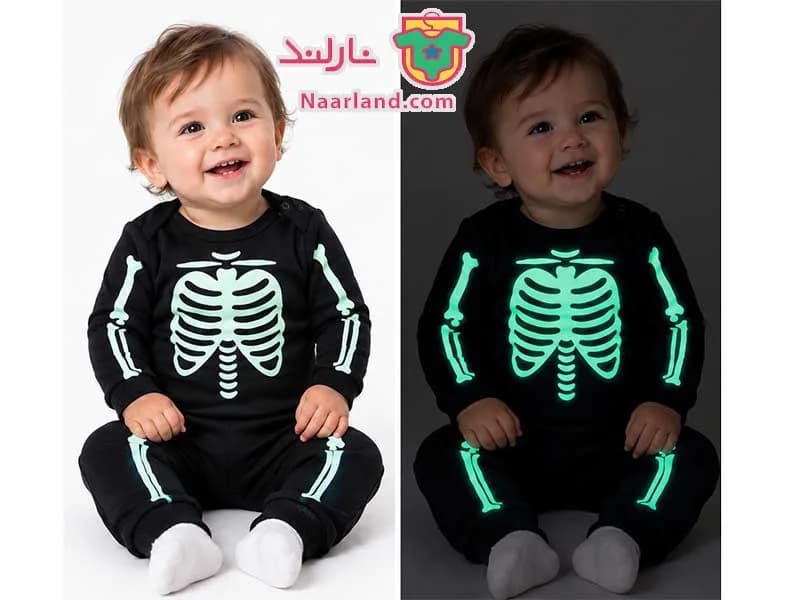 ست بادی و شلوار دورس نوزادی famy مشکی طرح اسکلت شبنما — تصویر ۲