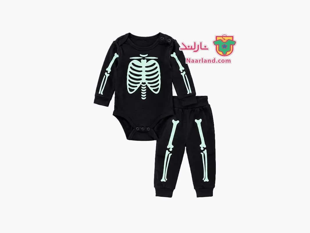 ست بادی و شلوار دورس نوزادی famy مشکی طرح اسکلت شبنما
