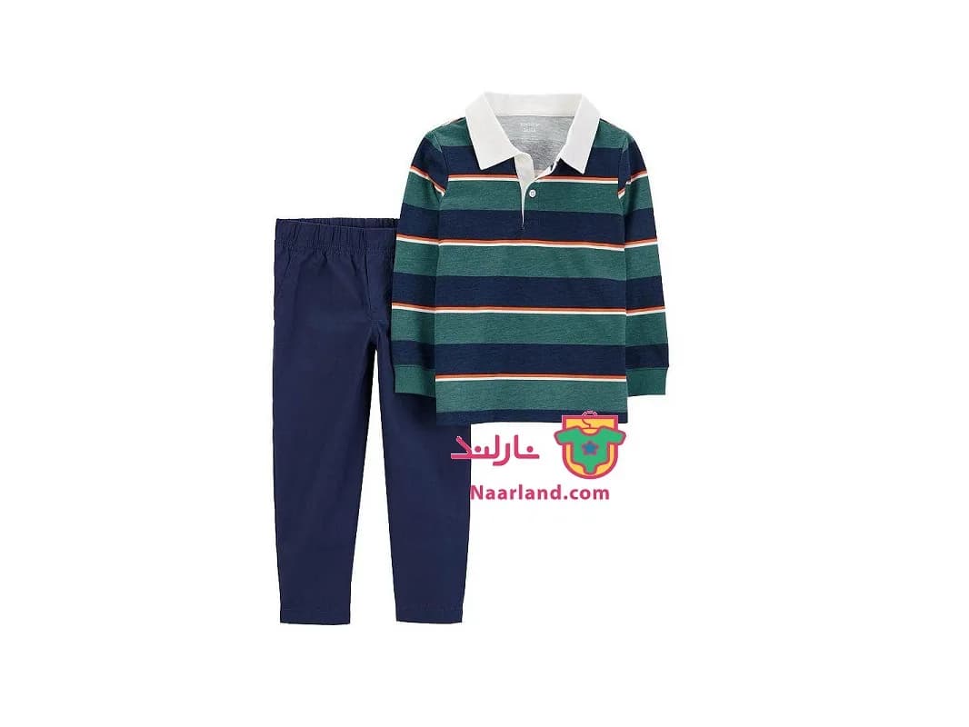 ست پولوشرت شلوار کتان کاغذی پسرانه Carter’s سرمه ای سبز راه راه