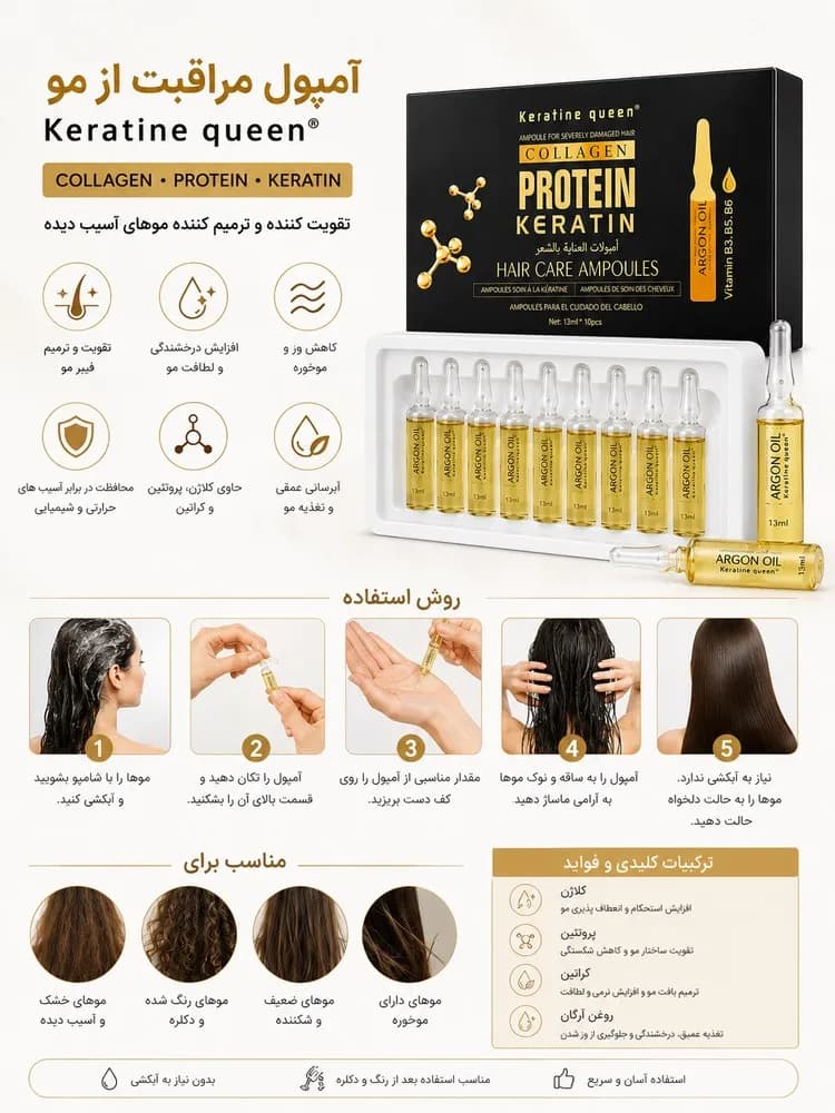 آمپول مراقبت از مو کراتینه کوئین (Keratin queen) مدل کلاژن پروتئین و کراتین بسته ۱۰ عددی — تصویر ۲